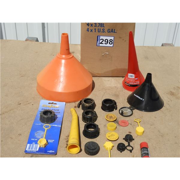 3 assorted funnels, Gerry Can replacement parts, (2)oil can spout (new)