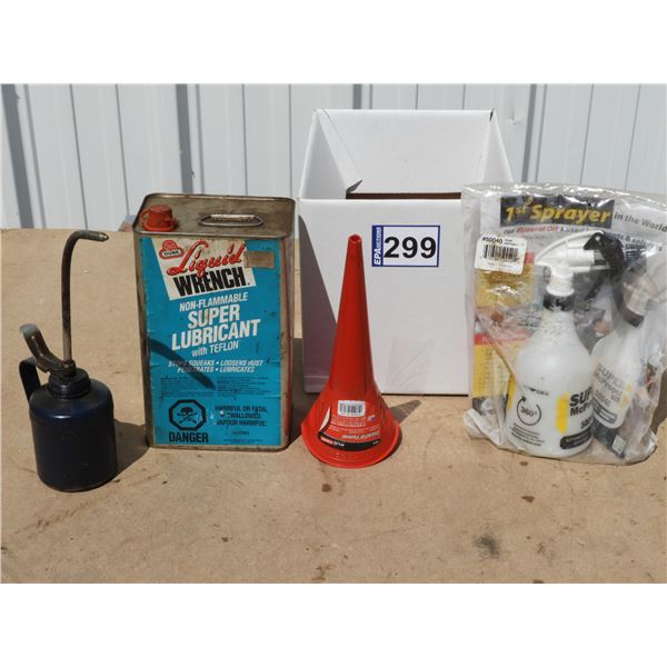 Lubricant spray bottle (unused), red funnel(unused), oil can, liquid wrench lubricant 3.5L