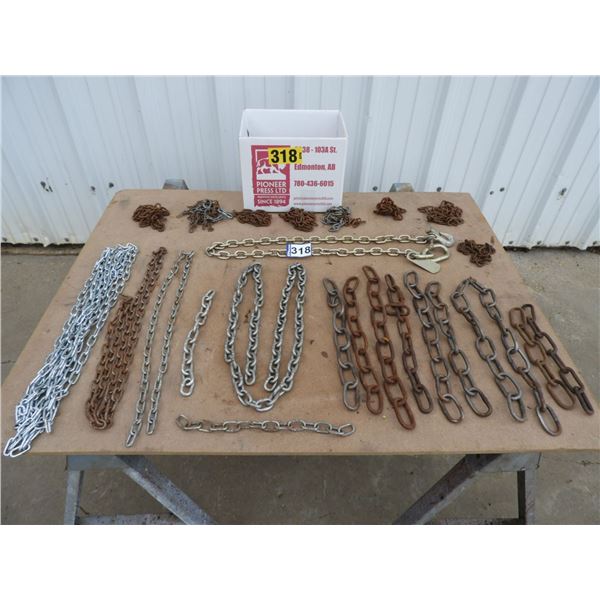 Assorted chains- (10) Harrow chains, Ag equipment safety chain 11000lb 60", 3/16" x 48" chain, 1/4"