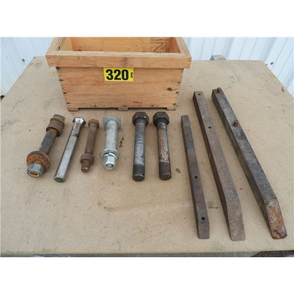 Bucket teeth (2) 1-1/2"x 24", (1) 1"x18", (3) draw bar pins - (2) 1-1/2"x 10 1/2", (1) 1-1/2"x 8, wo