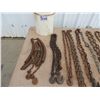 Image 4 : Assorted chains 3/16"x 10 ft tow chain with 2 hooks, 5/16" 8 ft tow chain with two hooks, (8) chain