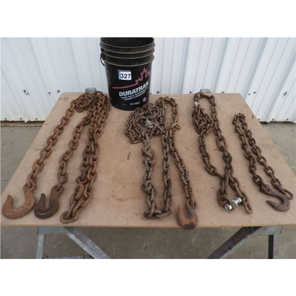 Assorted chains pieces-  14 ft x 12" full with two hooks, 12 ft 1/2" with one hook, 6 foot 1/2" piec