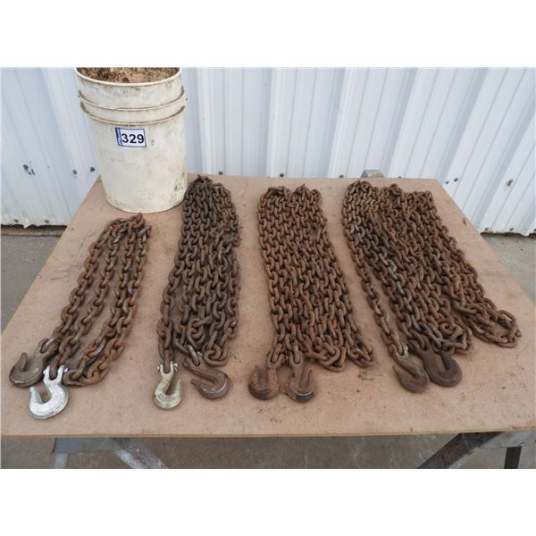 Assorted chains- 24 ft 3/8" with two hooks (very good), 22 ft  3/8" with two hooks (very good), 16 f