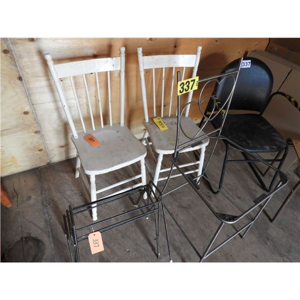 (2) Antique white chairs- stable, (3) stacking chairs without seats, 1 black chair, 1 high metal cha