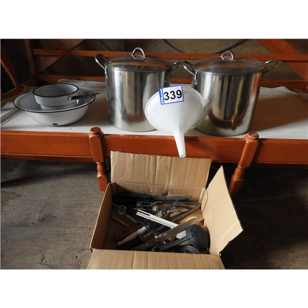 (2) Alluminum pots 10" diameter x 9' tall (new unused), emamel bowl and pot, food funnel (new), asso