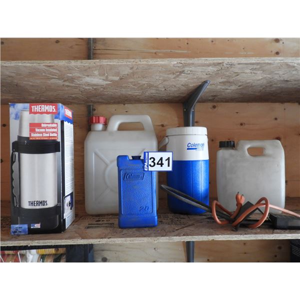 Thermos 1L (new), Coleman water cooler 2L (new unused), briquet BBQ starter