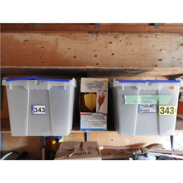 Fly screen for gazebo with container (new), coat hangers with container, 1 set lawn darts (new unope