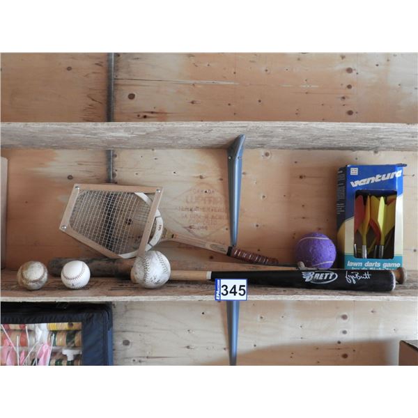 Tennis racket, (3) ball bats,(2) baseballs, (1) soft ball, (1) purple ball, (1) law darts (new unope