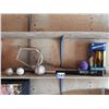 Image 1 : Tennis racket, (3) ball bats,(2) baseballs, (1) soft ball, (1) purple ball, (1) law darts (new unope