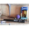 Image 3 : Tennis racket, (3) ball bats,(2) baseballs, (1) soft ball, (1) purple ball, (1) law darts (new unope