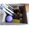 Image 5 : Tennis racket, (3) ball bats,(2) baseballs, (1) soft ball, (1) purple ball, (1) law darts (new unope
