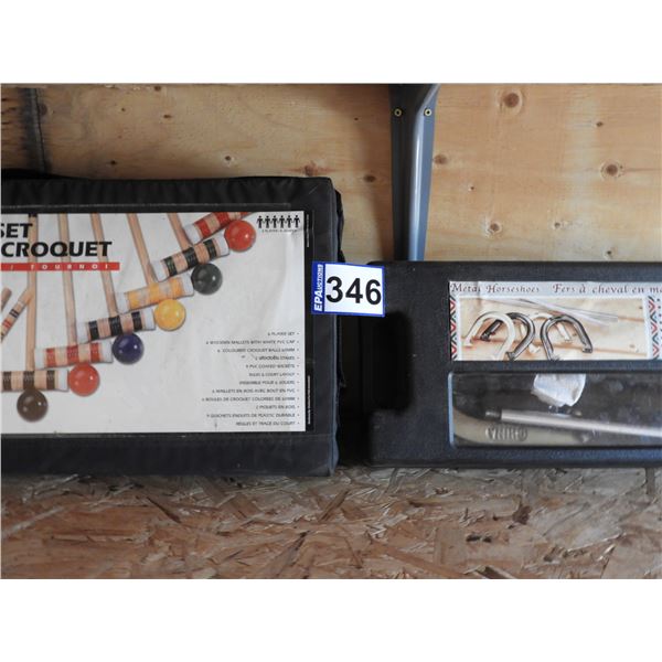 Croquet set (used once)- full set, metal horse shoe set (new unused)