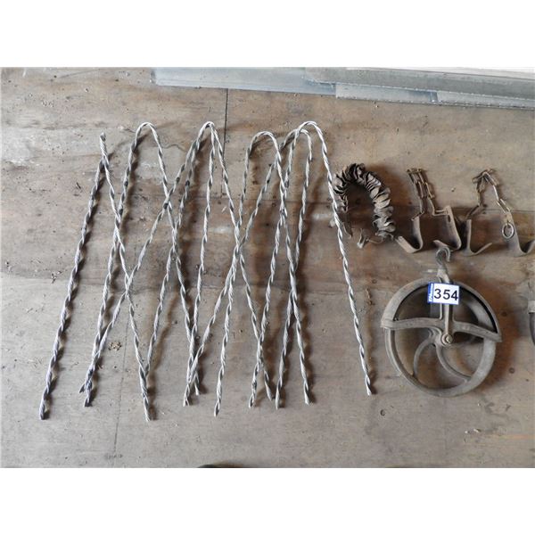 Aeration flood saddles (pail full), (2) milking kickers, loop of metal spacers, (2) pulleys, (7) Guy