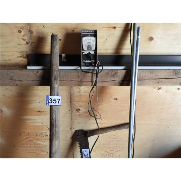 Antique rail car mover, 1/2 buck saw, antique grain temperature probe