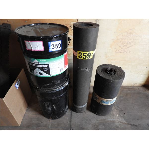 Dupack tar 20L (full pail unopened), tar 10L - second pail, tar paper 31" roll, tar paper 18" roll