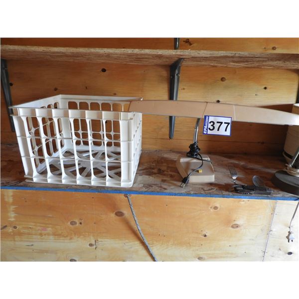 Plastic crate, flourescent desk lamp, brown desk lamp, antique utility knife, flower pot 12", rottis