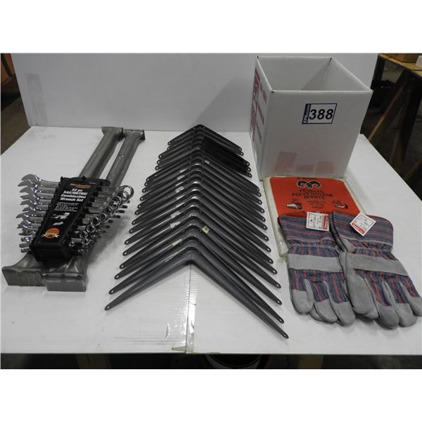 (2) wardrobe box hangers 24", (2) shelf brackets 6" x 8", poly sheets 10ft x 12 ft sheet, (3) 7" x 9