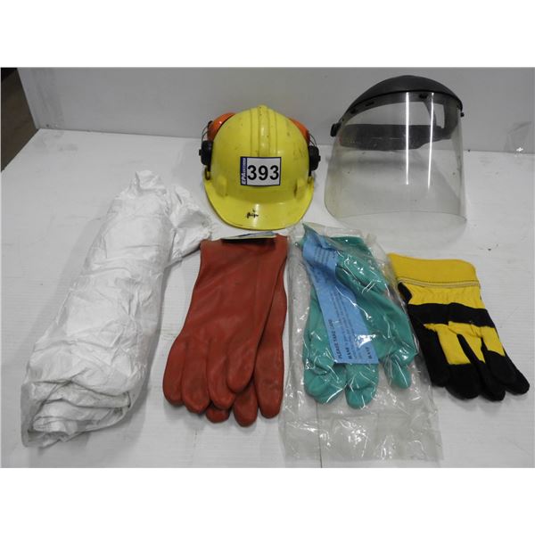Tyvek coveralls (new), PVC gloves (new), Nitrile gloves, face shield, safety helmet, (1) pair gloves
