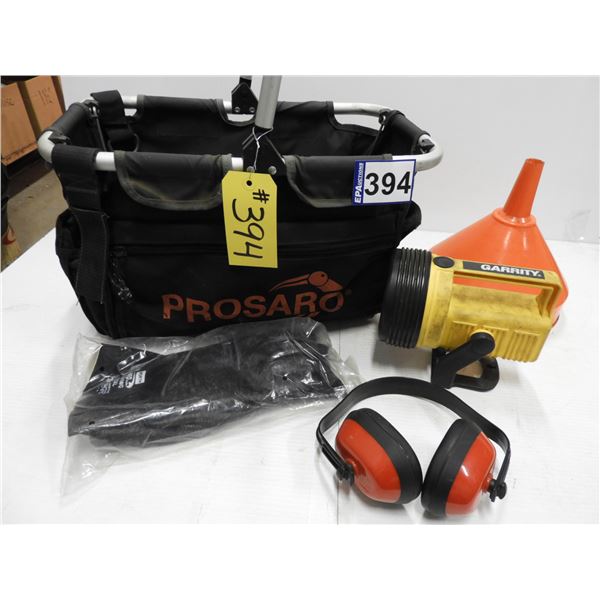 Carry tool bag, Neotask glove  (new), flashlight/lantern, hearing protection, large funnel