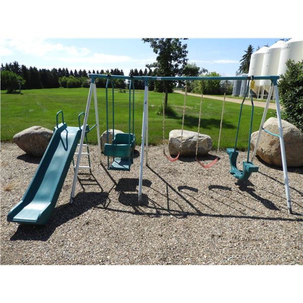 Swing set with 2 swings, ladder, two seat swings, right leg has a lower bend in it