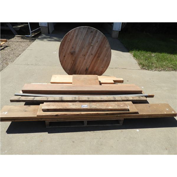 Assorted wood - 2x4, 2x6, 2x10,  Round Laminate table top 42"D x 2" thick, Table base and also comes