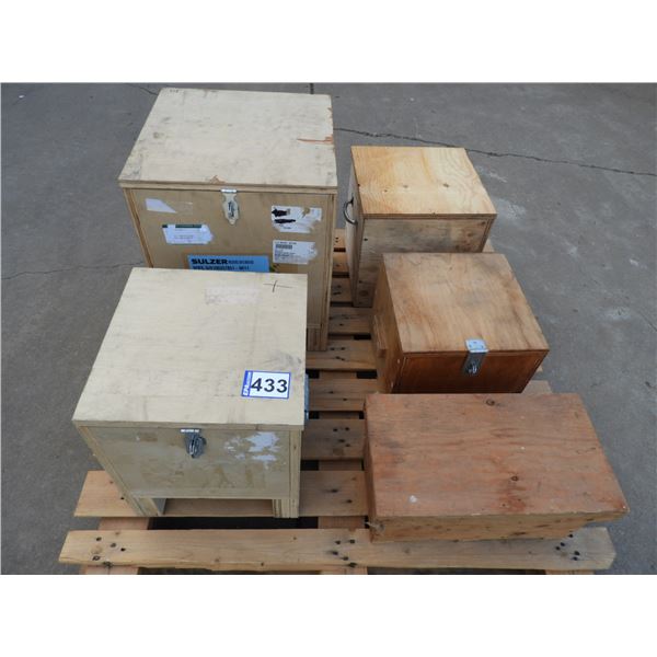 (5) Custom made wooden storage boxes- (1)  16"L x 16"W x 20"H, (1) 13"L x 13"W x 13"H, (1) 13"L x 13