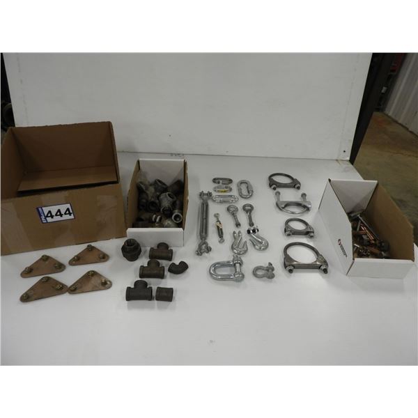 (20) pipe fittings and plugs (mostly new), Turn buckle (unused), connector links (unused), eye bolt
