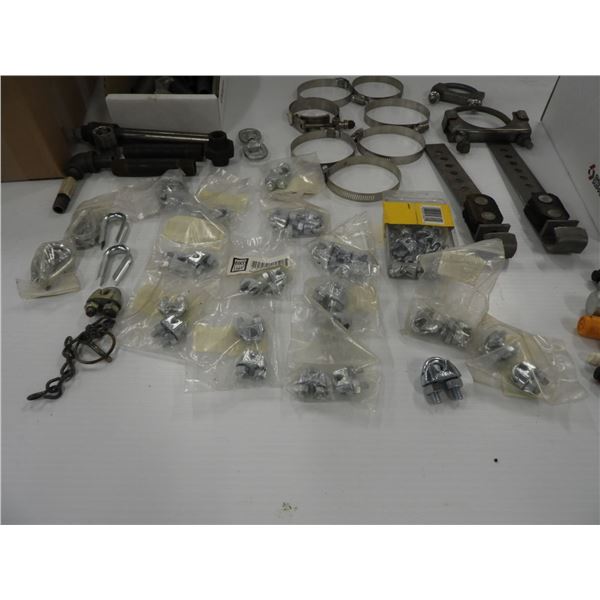 Hose clamps, muffler clamps, muffler hangers, cable clamps unused, connector link, cable thimbles, f