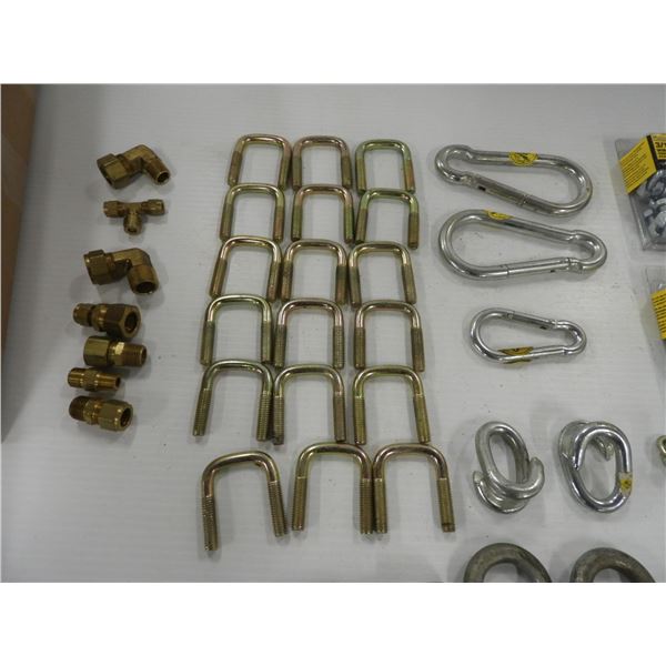 (18) square clamps 2" x 2-1/2" (unused), (3) carabiners (unused), (2) connector links (unused), cabl
