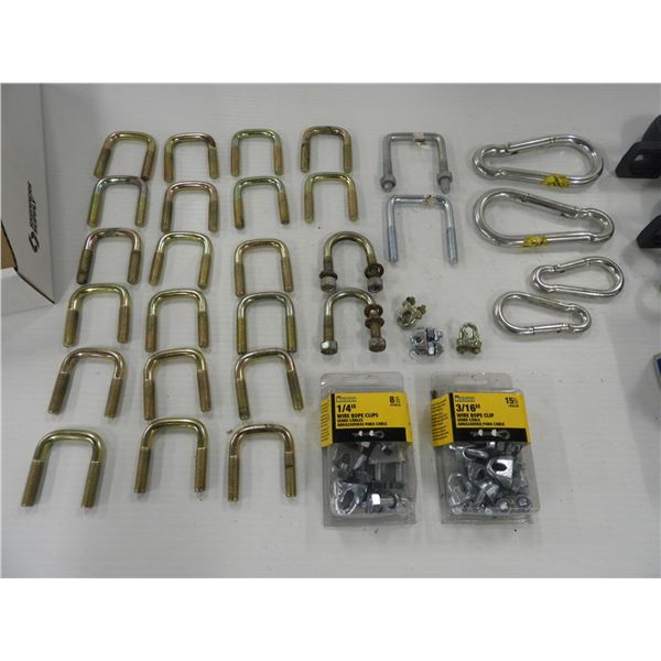 (20 square clamps 2 1/1" x 3" (unused), (4) carabiners (unused), cable clamps (unused), (3) bearing