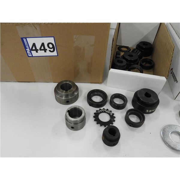 (20 pieces) sprockets, hubs, collars (unused), (28 pieces) shaft collars and spacers (unused), air m