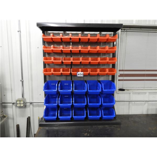 Counter top parts bin, stand and bins 37" L x 11" W x 45" H, (32) small red bins, (15) large blue bi