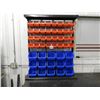 Image 1 : Counter top parts bin, stand and bins 37" L x 11" W x 45" H, (32) small red bins, (15) large blue bi