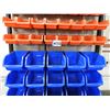 Image 2 : Counter top parts bin, stand and bins 37" L x 11" W x 45" H, (32) small red bins, (15) large blue bi