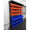 Image 3 : Counter top parts bin, stand and bins 37" L x 11" W x 45" H, (32) small red bins, (15) large blue bi