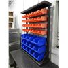 Image 4 : Counter top parts bin, stand and bins 37" L x 11" W x 45" H, (32) small red bins, (15) large blue bi