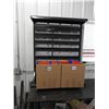 Image 5 : Counter top parts bin, stand and bins 37" L x 11" W x 45" H, (32) small red bins, (15) large blue bi