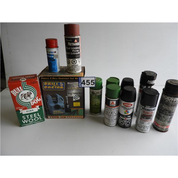 Dr Drill drill bit sharpener (unused paid $200), (9) paint cans 1/4 full to full, glass cleaner 1/2 