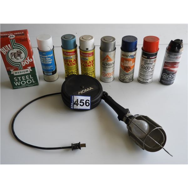 Assorted paint cans, Blue layout fluid 1/4 full to full, steel wool unused, retractable trebble ligh
