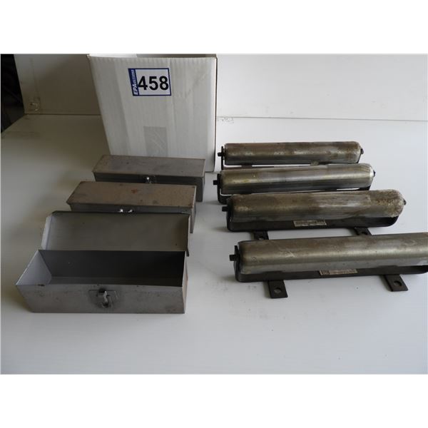 (4) metal parts bins 9" L x 3" H x 3" D, (4) metal feed rollers 12" W x 2" D (unused)