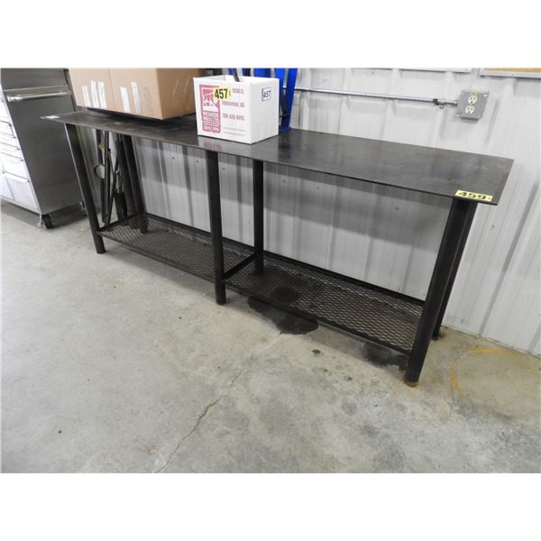 Metal work table with mesh base 1/4" thick x 8 ft L x 2 ft Wx 36" H (like new)