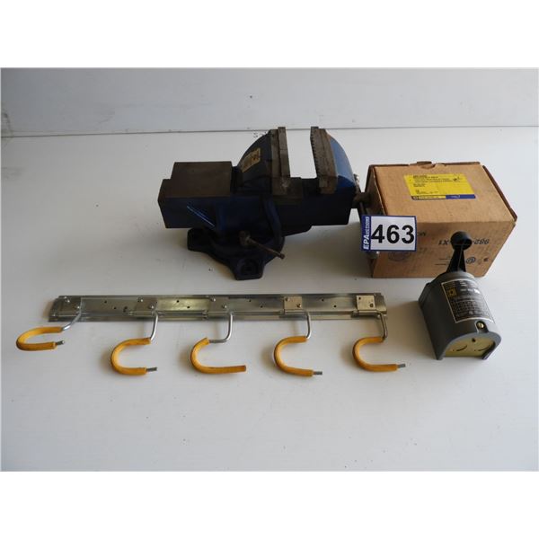 Swivel base vice 5" (unused), broom holder, reversing drum switch  (like new)