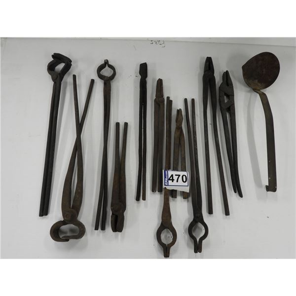 (12 pieces) Blacksmith tools, tongs, ladels, assorted