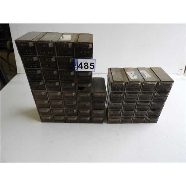 (over 100 pieces) Large assortment of taps and slot drill - NPT, UNF, UNC. Includes 2 bin containers
