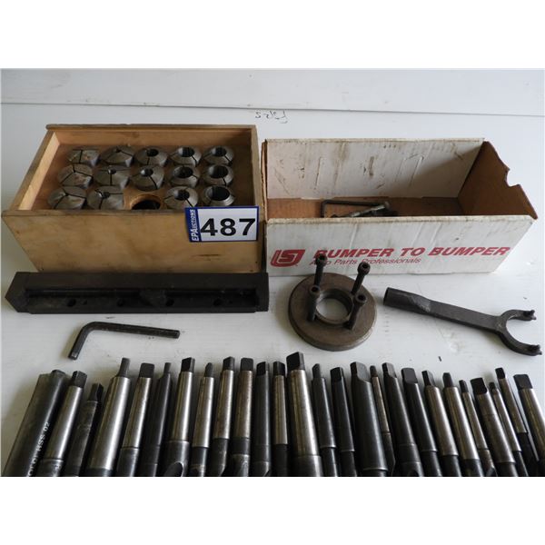 Collets (treaded) 1/8" - 1", adjustable tool bar (missing 3/4", assorted pieces, (26) Guhring tapere