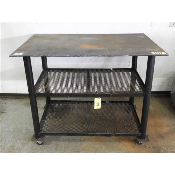 Welding table with 3 shelves on castors- sheet metal top 49"L x 32"W x 39"H, 3/8" thick