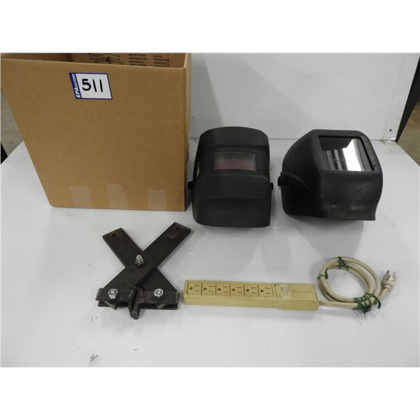 (2) welding helmets, power bar, sheet metal clamp
