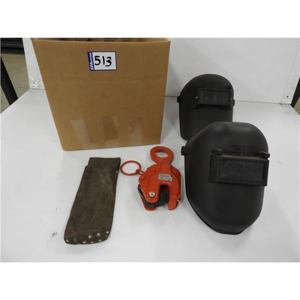 (2) Welding helmets, sheet metal clamp (unused), welding rod leather pouch