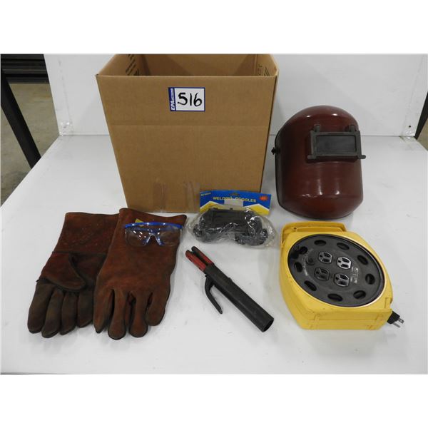 Welding helmet, power cord box (like new), welding goggles (unused), welding stringer (used very goo