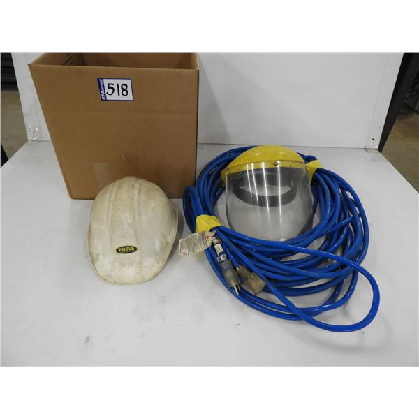 Power cord 100ft indoor/outdoor 12-3 lite end, safety helmet, safety shield